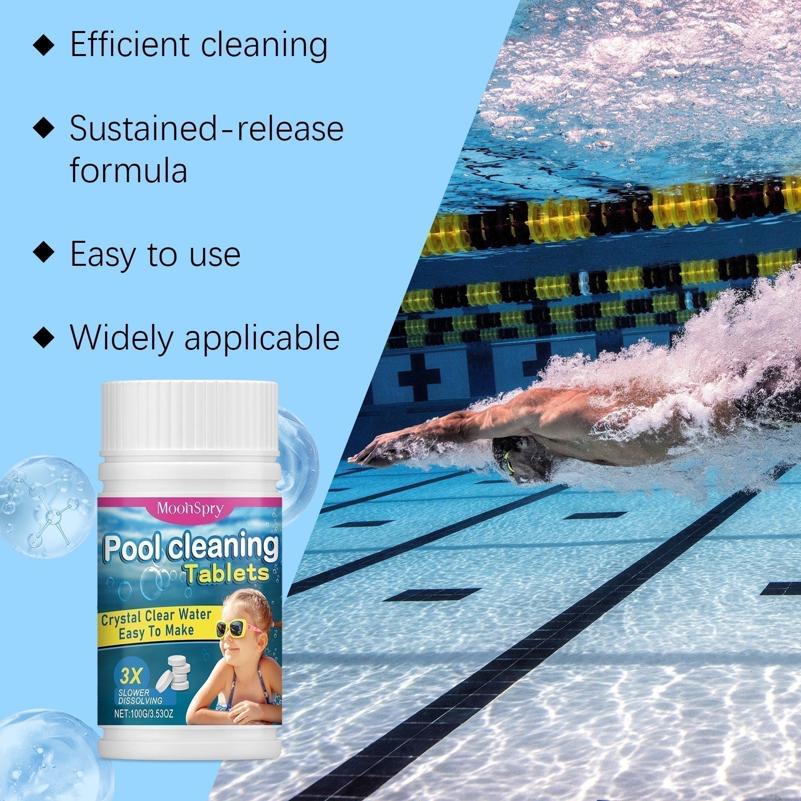 Arenzza pool cleaning tablets dissolving in a pool, ensuring crystal clear water with household cleaning solutions.