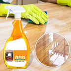 Arenzza ScratchErase Beeswax Wood Floor Spray bottle with a clean, shiny hardwood floor showing restored shine and scratch removal.
