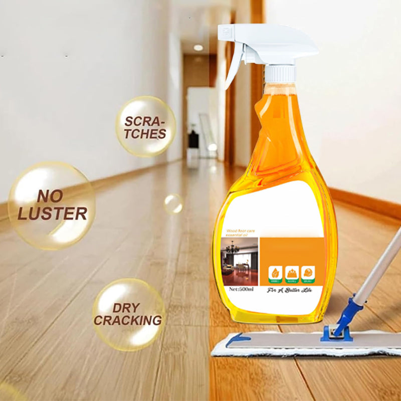 Arenzza ScratchErase Beeswax Wood Floor Spray bottle, showing the product label and a clean, shiny wooden floor surface.