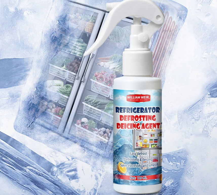 Arenzza defrosting spray for fridge freezer with a white spray bottle and a small spatula, used for household cleaning and ice removal.