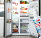 Arenzza defrosting spray for fridge freezer with a free spatula, shown next to a clean, icy refrigerator interior.