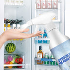 Arenzza defrosting spray for fridge freezers with a white spray bottle and a free spatula, used for household cleaning and ice removal.