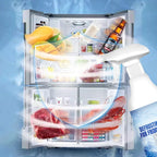 Arenzza defrosting spray for fridge freezers with a free spatula, featuring a spray bottle with label and cleaning tools visible.