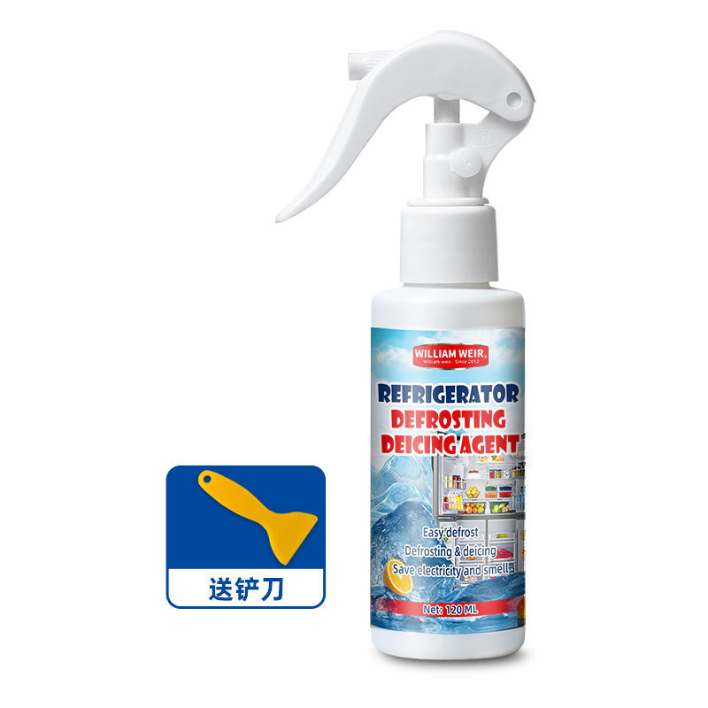Arenzza defrosting spray for fridge freezer with a white spray bottle and a small spatula, used for household freezer defrosting.