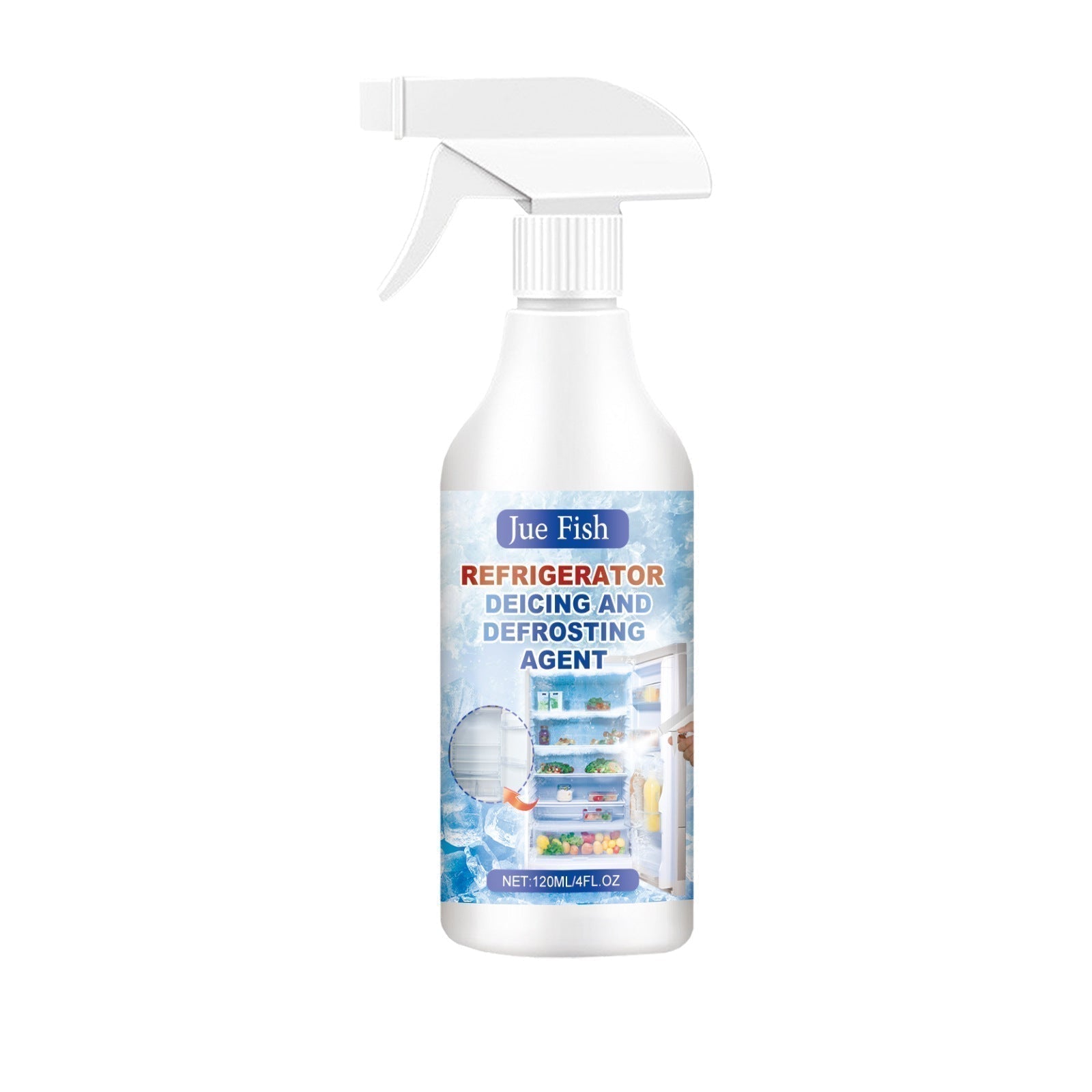 Arenzza defrosting spray for fridge freezer with a free spatula, shown with spray bottle and spatula on a clean kitchen surface.