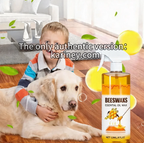 Arenzza ScratchErase Beeswax Wood Floor Spray bottle showing cleaning and restoring shine on a wooden floor surface.