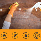 Arenzza ScratchErase Beeswax Wood Floor Spray bottle with cleaning cloth, showcasing a restored, shiny wooden floor surface.