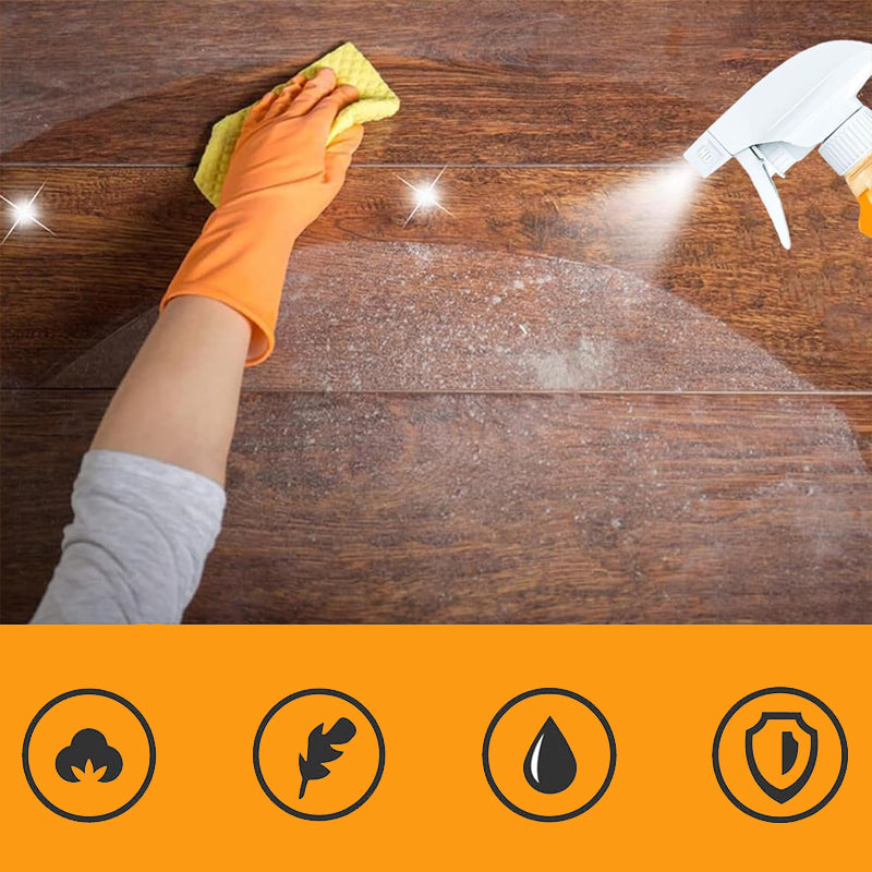 Arenzza ScratchErase Beeswax Wood Floor Spray bottle with cleaning cloth, showcasing a restored, shiny wooden floor surface.