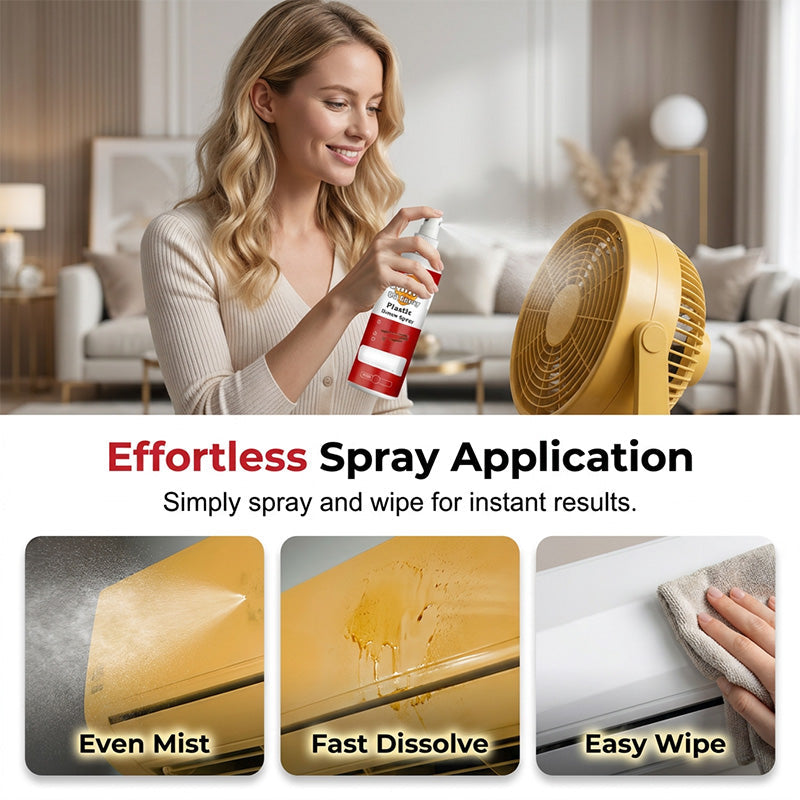 Arenzza plastic renew yellow-off spray cleaner for household cleaning, shown in a spray bottle with yellow label and nozzle.