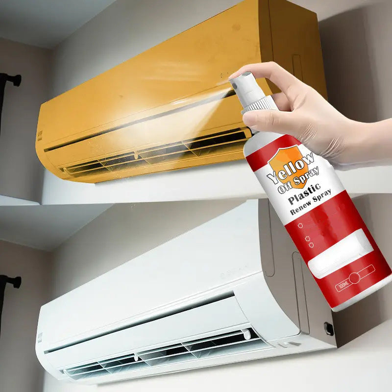 Arenzza Plastic Renew Yellow-Off Spray Cleaner bottle for household cleaning, featuring a yellow label and spray nozzle.
