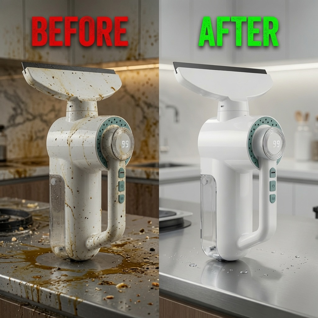 Arenzza electric squeegee cleaning glass and surfaces with powerful suction, showing a streak-free, shiny finish on a household surface.