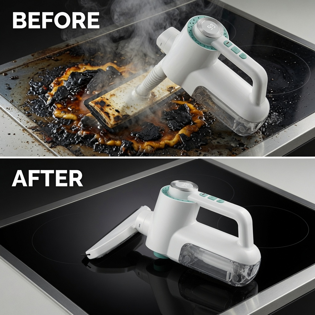 Arenzza electric squeegee cleaning glass and surface with powerful suction, showing streak-free, deep cleaning in action.