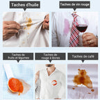 Arenzza portable instant stain remover pen for household cleaning, shown with pen and stain removal solution on fabric.