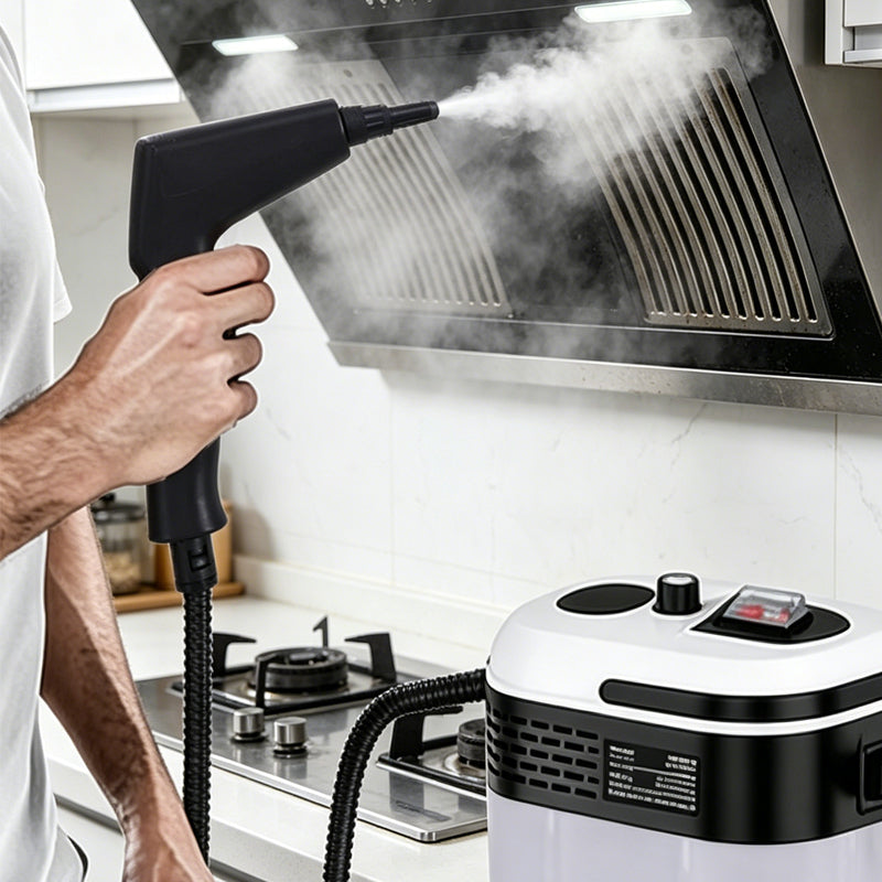 Aarenza adjustable high-pressure steam cleaner for household cleaning, with a handheld design and hose attachment in use.
