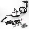 Arenzza adjustable high-pressure steam cleaner for household cleaning, with a bright red and black design and various attachments.