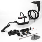 Arenzza adjustable high-pressure steam cleaner for household cleaning, with a bright red and black design and various attachments.