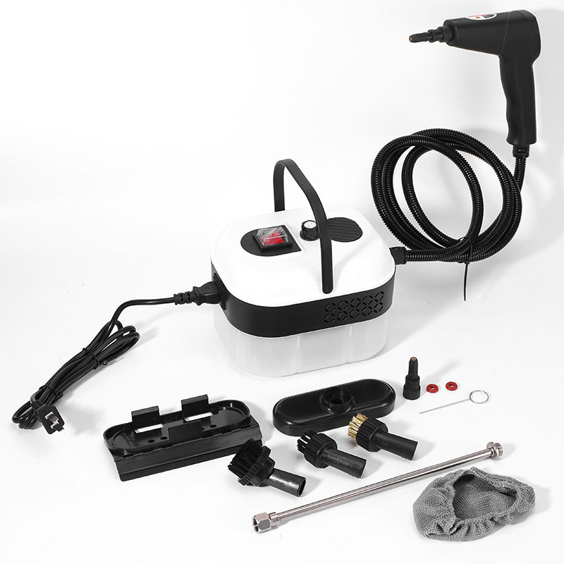 Arenzza adjustable high-pressure steam cleaner for household cleaning, with a bright red and black design and various attachments.