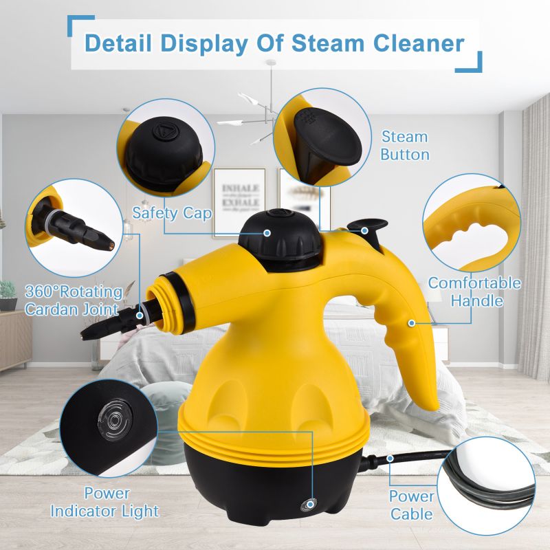Arenzza multi-purpose steam cleaner set for household cleaning, with various attachments and a handheld steam wand on a clean surface.