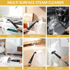 Arenzza multi-purpose steam cleaner set with various attachments for household cleaning, shown with steam and cleaning tools.