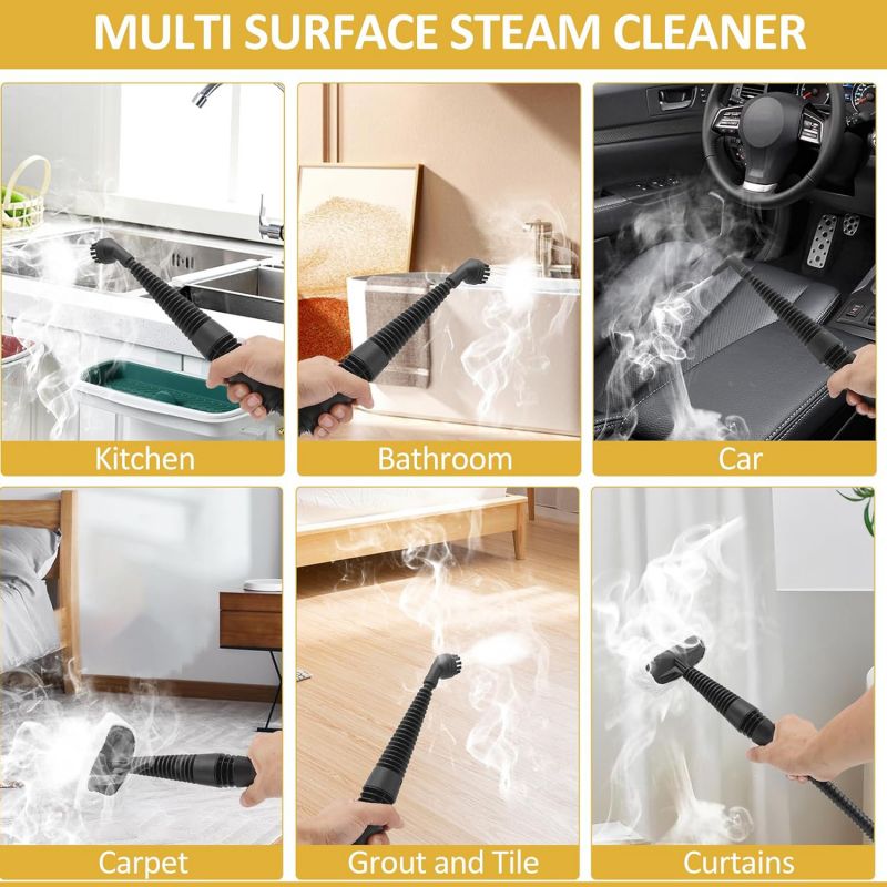 Arenzza multi-purpose steam cleaner set with various attachments for household cleaning, shown with steam and cleaning tools.