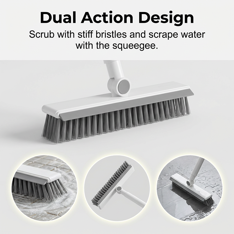 Arenzza 2-in-1 grout and corner scrubber brush with squeegee for household cleaning, featuring a sturdy handle and versatile cleaning head.