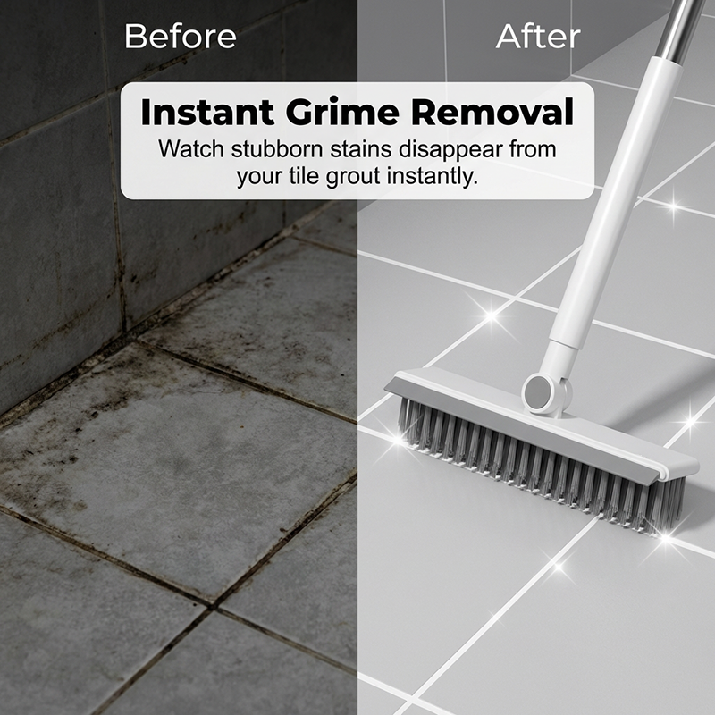 Arenzza 2-in-1 grout and corner scrubber brush with squeegee for household cleaning, featuring a handle and cleaning head.