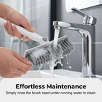 Arenzza 2-in-1 grout and corner scrubber brush with squeegee for household cleaning, featuring a sturdy handle and cleaning head.