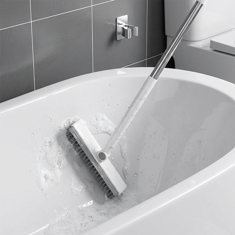 Arenzza 2-in-1 grout and corner scrubber brush with squeegee for household cleaning, featuring a durable handle and versatile cleaning head.