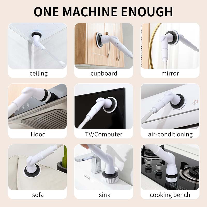 Arenzza electric multi-purpose power scrub brush set for household cleaning, with various brush heads and ergonomic handles.