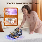 Arenzza mattress vacuum cleaner removing dust mites from a bed for effective household dust mite removal.