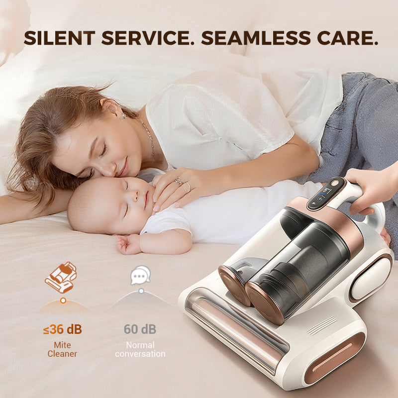 Arenzza mattress vacuum cleaner removing dust mites from a bed for effective household cleaning.