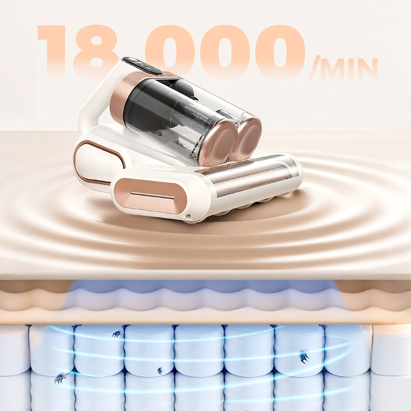 Arenzza mattress vacuum cleaner for dust mite removal, showing a handheld device cleaning a mattress surface in a household setting.