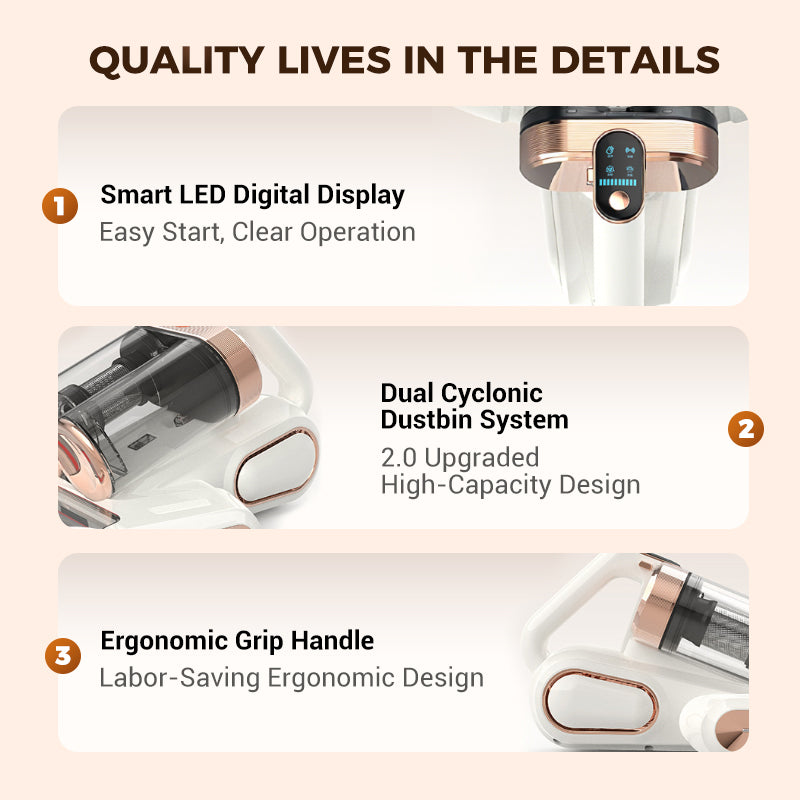 Arenzza mattress vacuum cleaner for dust mite removal, handheld household cleaning device with nozzle attachment on a bed.