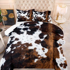 Aarenza cow print duvet cover set on a bed, featuring soft, lightweight fabric with a playful black and white cow pattern.