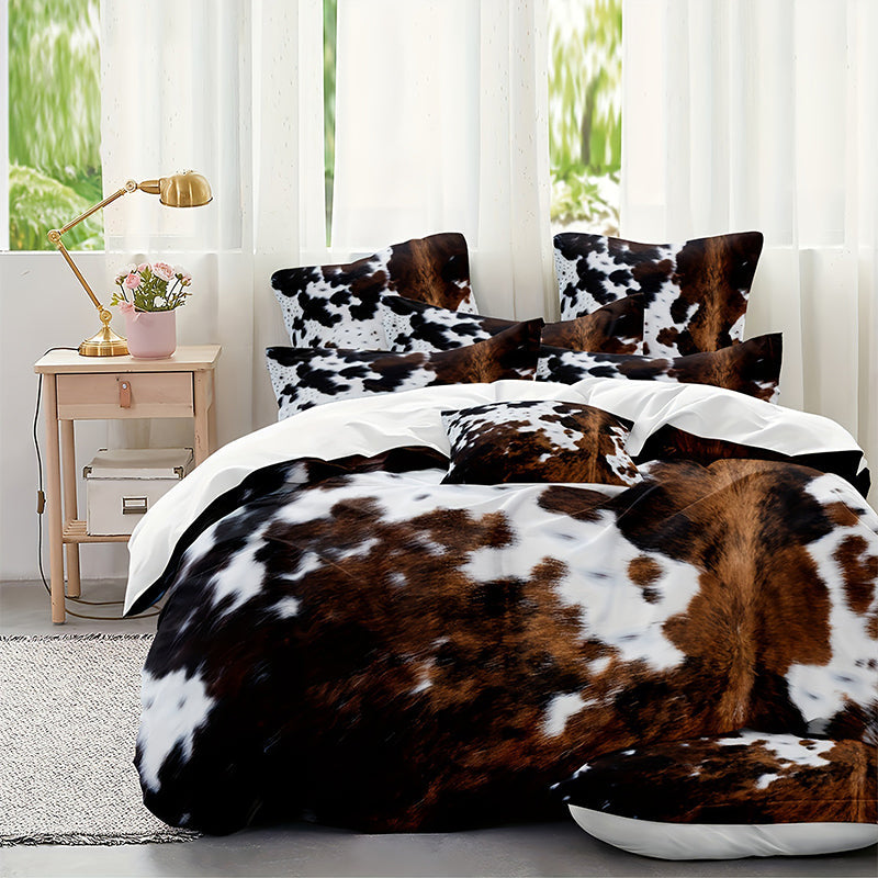 Aarenza cow print duvet cover set with soft, lightweight fabric featuring a fun black and white cow pattern on the bed.