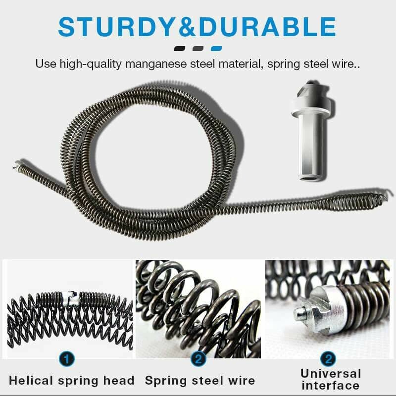 Arenzza electric drain dredging spring with flexible cable for unclogging sinks and pipes, easy to operate in household plumbing.