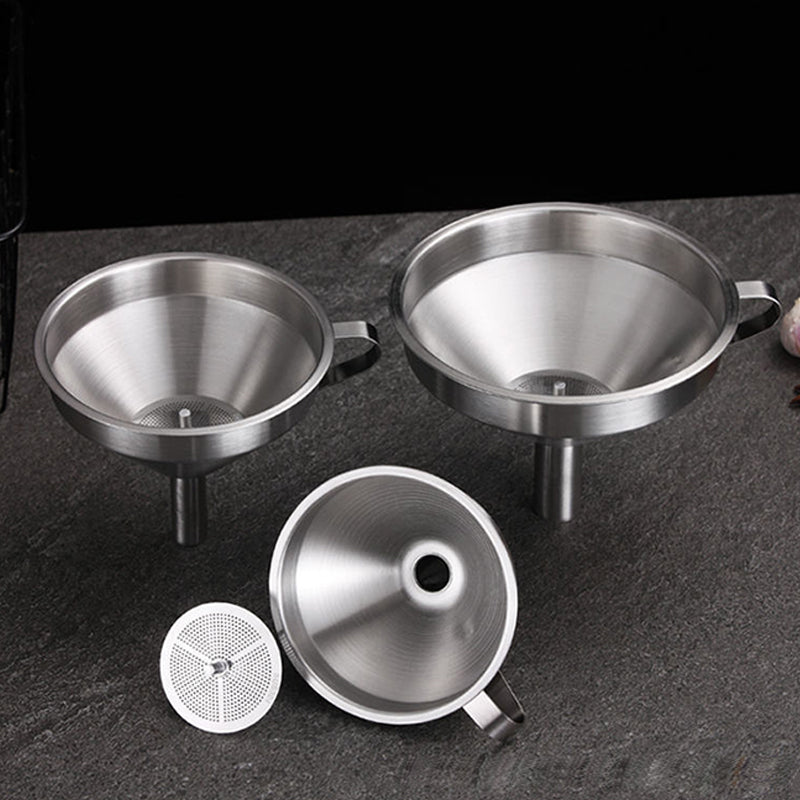 Arenzza stainless steel filter funnel for kitchen use, with a wide mouth and handle for easy pouring and filtering.
