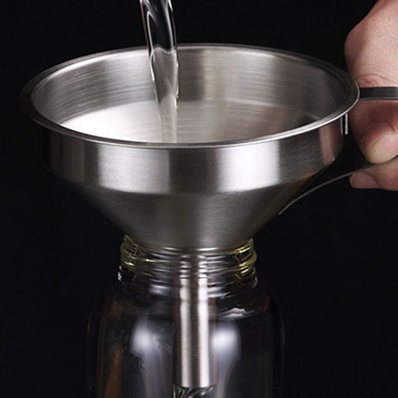 Arenzza stainless steel filter funnel for kitchen use, with a wide mouth and mesh filter for pouring liquids and straining ingredients.