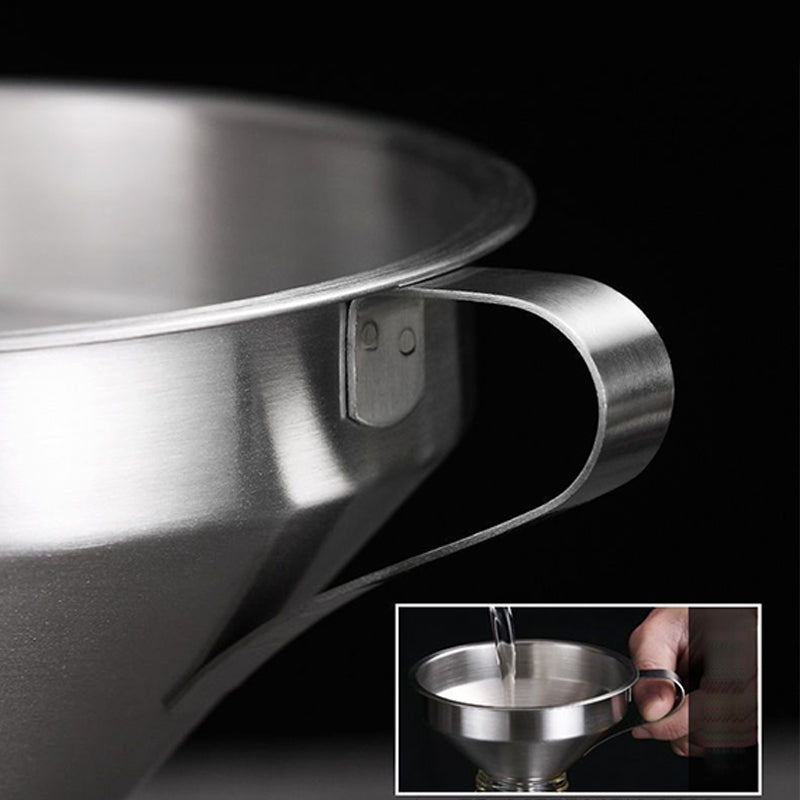 Aarenza stainless steel filter funnel for kitchen use, with a wide mouth and spout, ideal for pouring liquids and filtering ingredients.