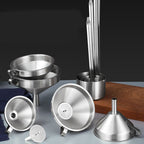 Arenzza stainless steel filter funnel for kitchen use, with a wide mouth and handle, suitable for pouring liquids and straining.
