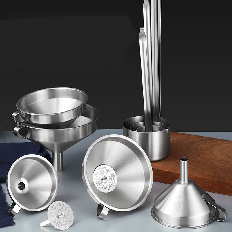 Arenzza stainless steel filter funnel for kitchen use, with a wide mouth and handle, suitable for pouring liquids and straining.
