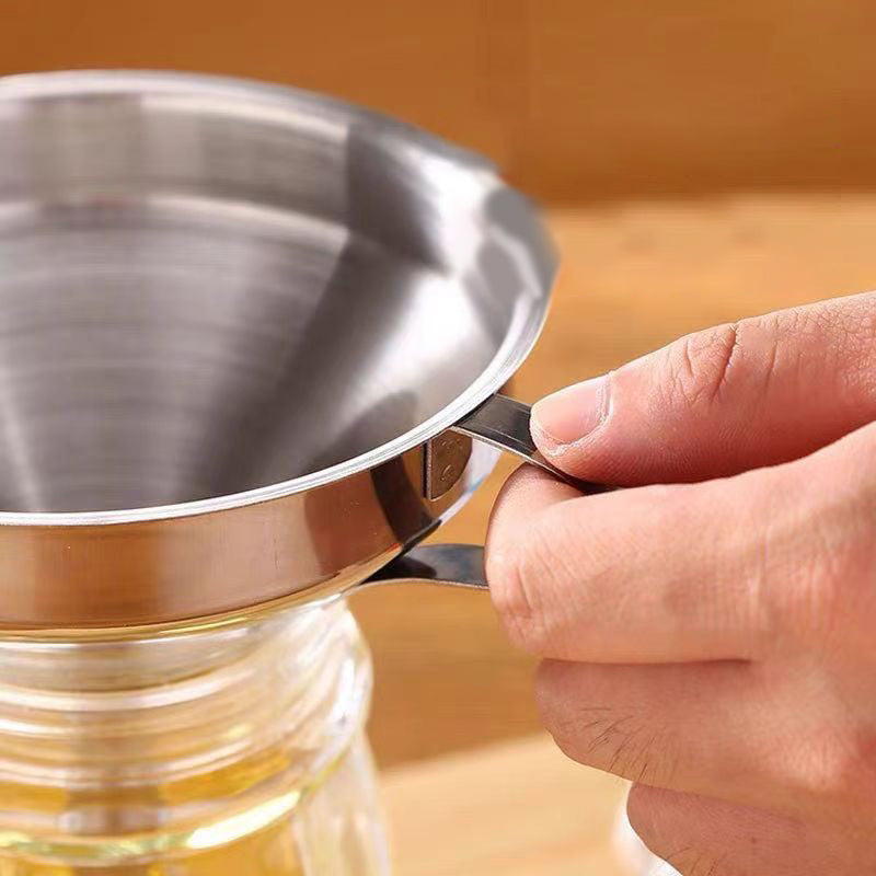 Arenzza stainless steel filter funnel for kitchen use, featuring a wide mouth and mesh filter for easy pouring and straining.