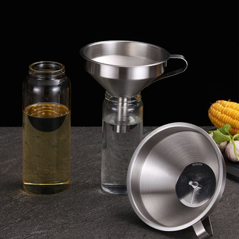 Aarenzza stainless steel filter funnel for kitchen use, with a wide mouth and spout, ideal for pouring and straining liquids.