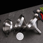 Arenzza stainless steel filter funnel for kitchen use, with wide mouth and mesh filter for pouring liquids and straining ingredients.