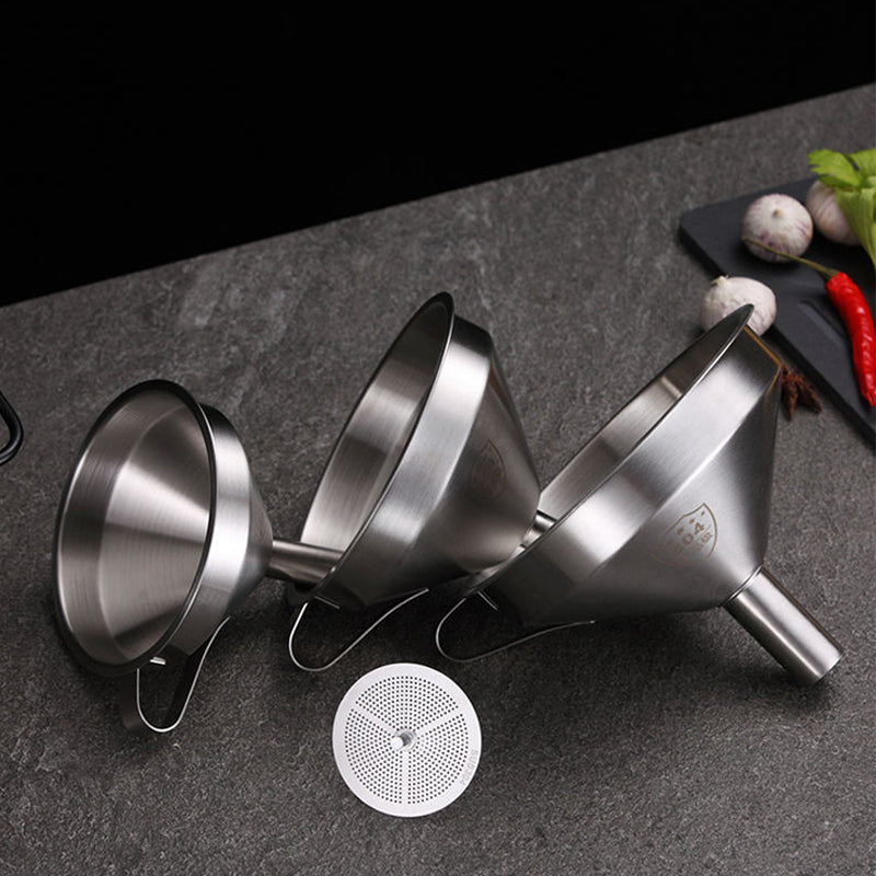 Arenzza stainless steel filter funnel for kitchen use, with wide mouth and mesh filter for pouring liquids and straining ingredients.