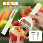 Arenzza 2-in-1 dual-head peeler and shredder for kitchen, featuring stainless steel blades and ergonomic handle for peeling and shredding vegetables.