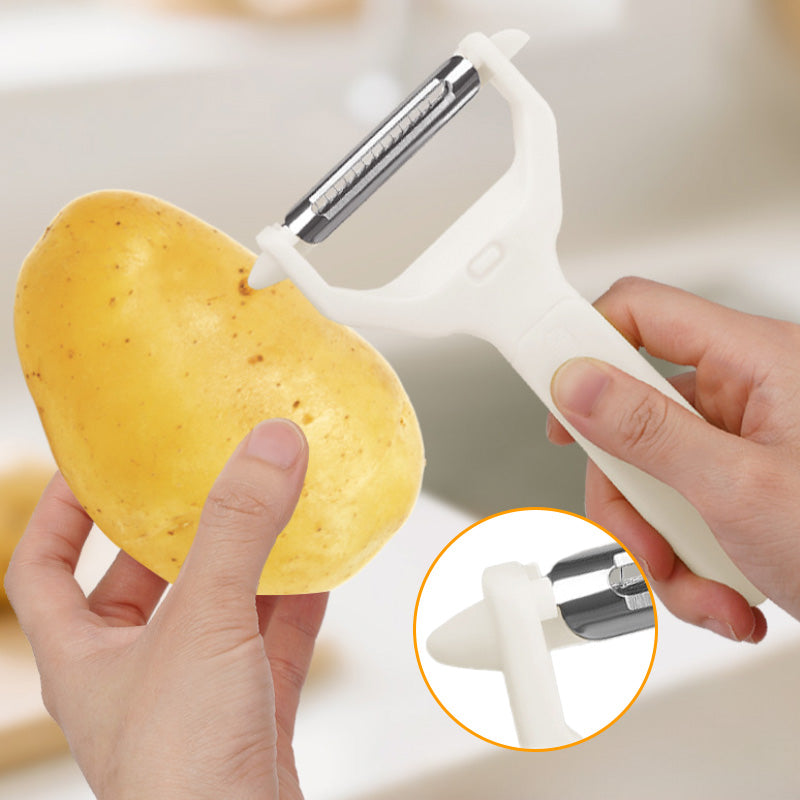Arenzza 2-in-1 dual-head peeler and shredder for kitchen use, featuring stainless steel blades and ergonomic handle for easy peeling.