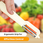 Arenzza 2-in-1 dual-head peeler and shredder for kitchen use, with ergonomic handle and stainless steel blades for peeling and shredding vegetables.