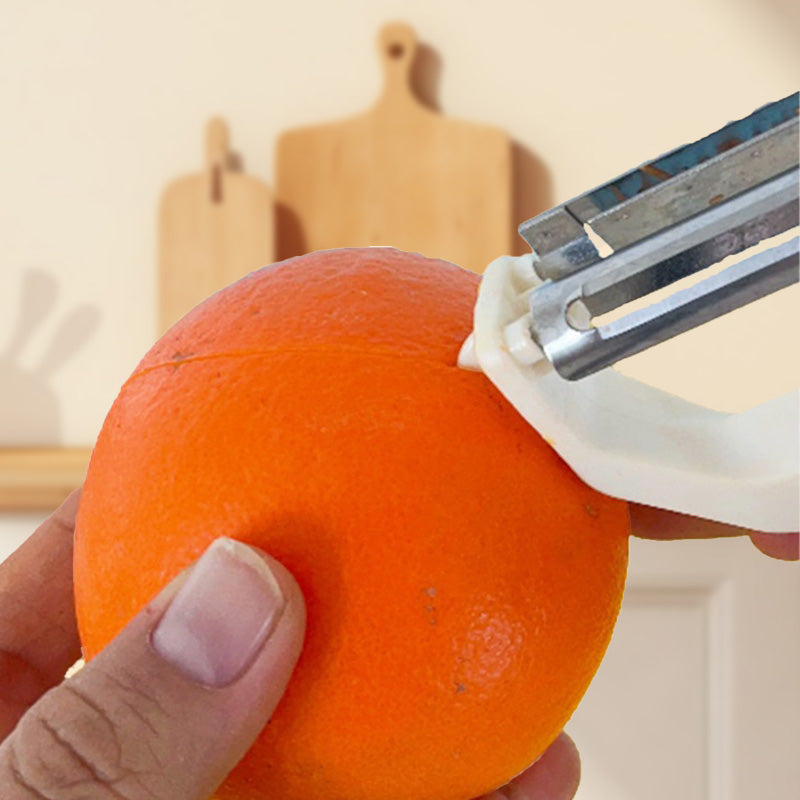 Arenzza 2-in-1 dual-head peeler and shredder for kitchen use, showing stainless steel blades and ergonomic handle.