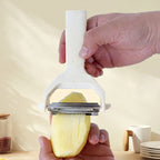 Arenzza 2-in-1 dual-head peeler and shredder kitchen tool showing stainless steel blades for peeling and shredding vegetables.